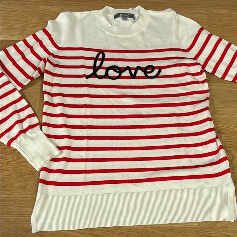 Valentines Red and White Striped Sweater with 'Love' Embroidery